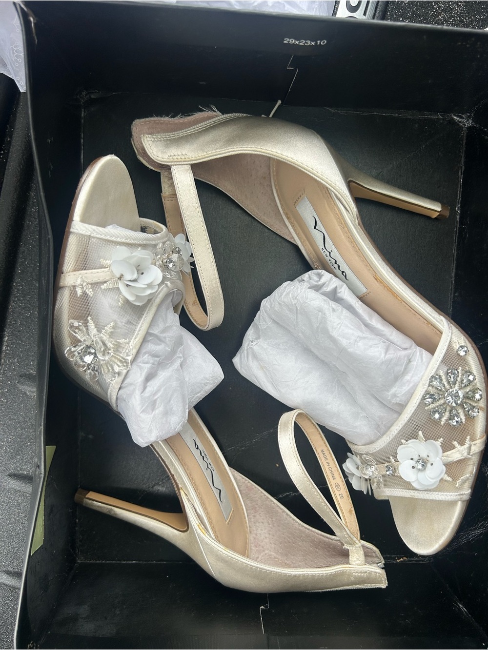 Nina Champagne Satin Open-Toe Heels with Floral Crystal Accents